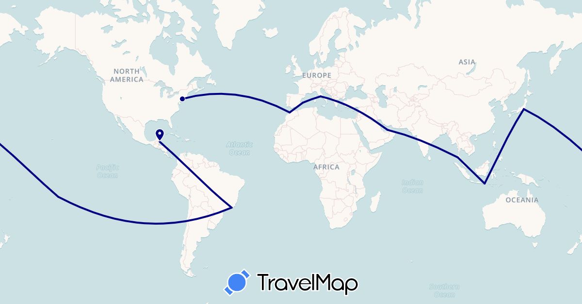 TravelMap itinerary: driving in United Arab Emirates, Brazil, Belize, Spain, Indonesia, Italy, Japan, Morocco, French Polynesia, Thailand, United States (Africa, Asia, Europe, North America, Oceania, South America)